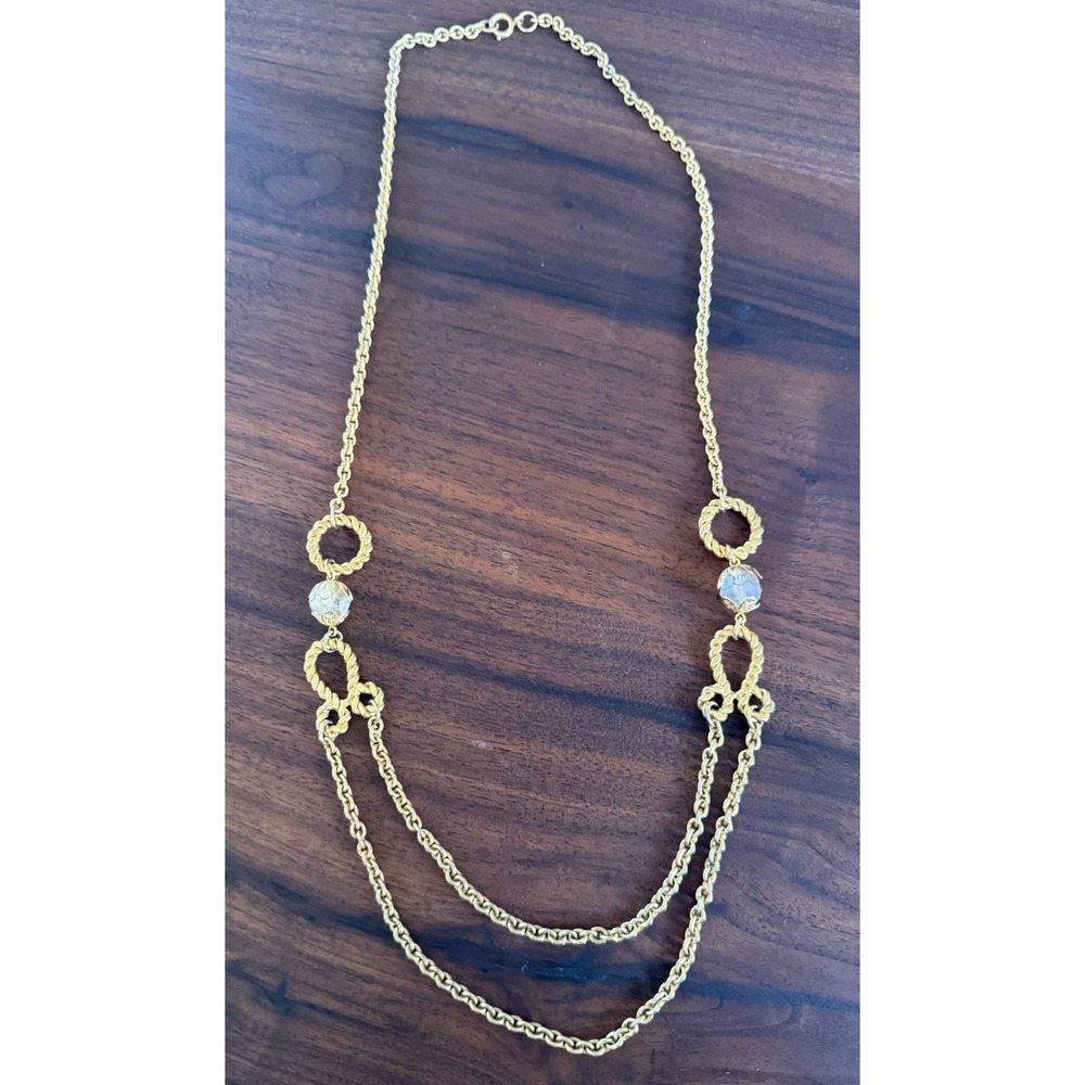 Vintage Golden Opulence Long Gold Tone Two Layer Chain Necklace 30" Lucite Beads